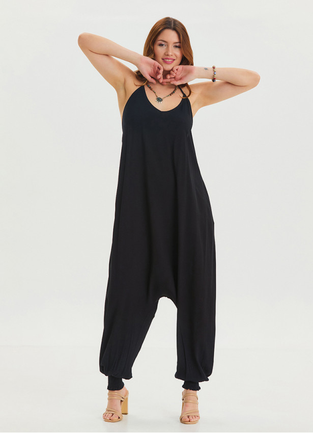 Black Bohemian Jumpsuit with Elasticated Legs and Tied Neck 4484